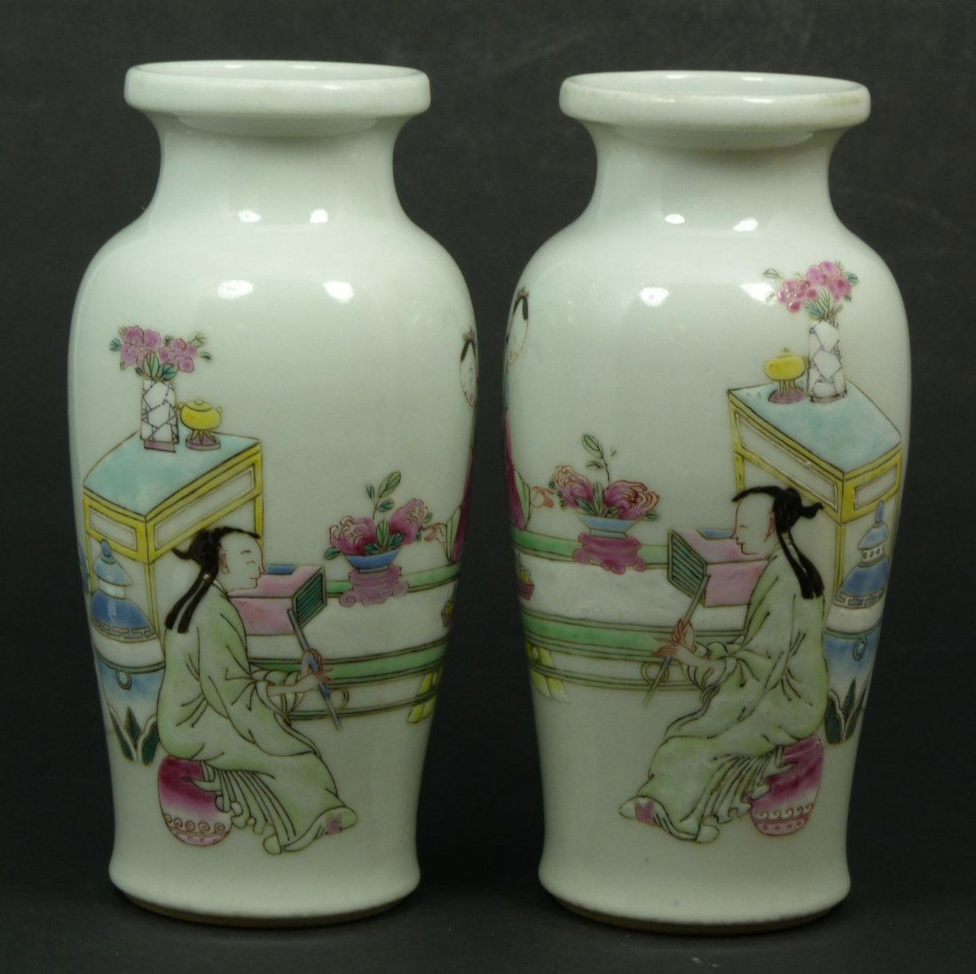 Pr 18th C CHINESE PORCELAIN MAIDENS VASES: Pair of antique Chinese porcelain hand painted and enameled vases depicting maidens seated around a table while drinking tea and playing music. Made late Kangxi to early Jiaqing period. Each measures