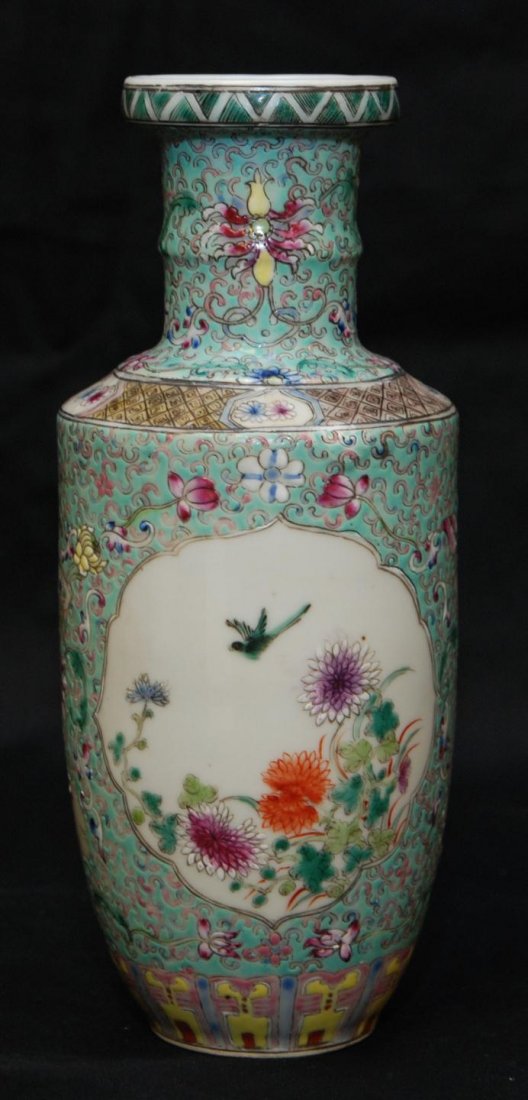 19th CENTURY CHINESE FAMILLE ROSE GUANGXU VASE: Antique Chinese hand painted enameled Famille Rose Guangxu vase. Has floral design to front and back. Borders have scrolled floral designs over teal ground. Holds six character Guangxu (1875 - 1908) r