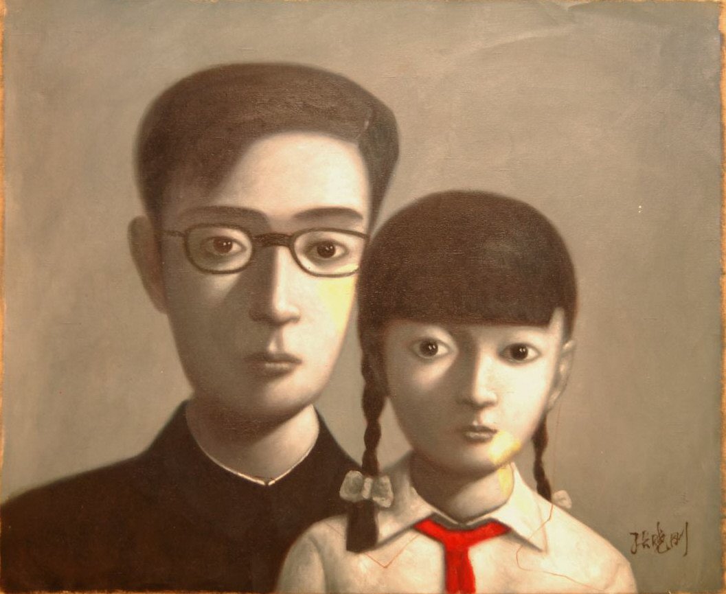 OIL ON CANVAS OF BOY AND GIRL AFTER XIAOGANG: Oil painting on canvas depicting Zhang Xiaogang (CHINESE, 1958) depicting a father and daughter or brother and sister. Signed lower right. Image measures 20 1/2" height x 24" width (52.1cm x 60.9cm).