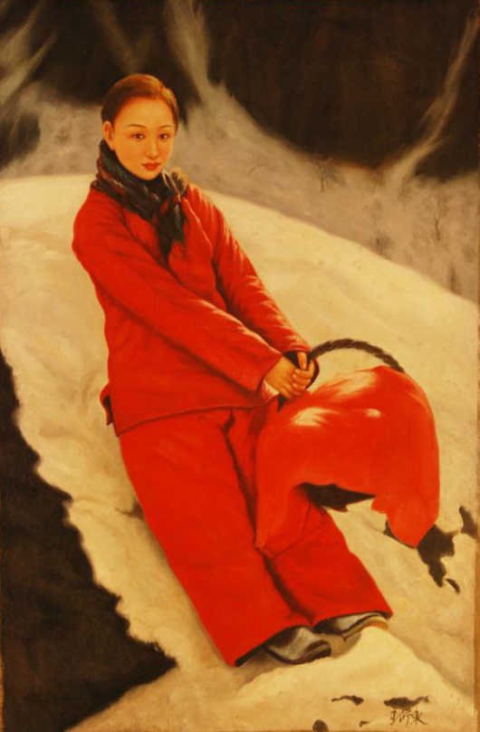 OIL ON CANVAS OF GIRL WITH BASKET AFTER YIDONG: Oil painting on canvas after Wang Yidong (CHINESE, 1955) depicting a girl wearing red coat and pants holding a basket with red cloth cover in a snowy winter scene. Signed lower right. Image measures 3