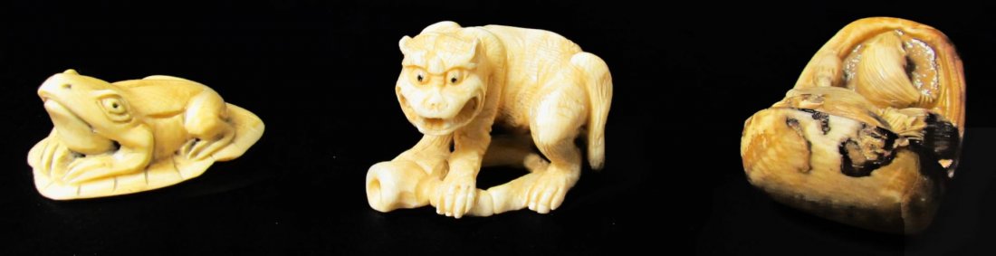 3 JAPANESE CARVED IVORY STUDY & NESTUKE SIGNED: 3 Japanese hand carved ivory figures including 2 netsuke and study. Figures depicted are the study of a tiger on bamboo, the next is a netsuke depicting 5 rats in bowl and last is a frog on lily pad. 