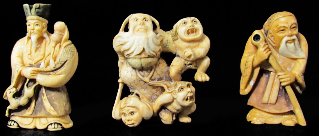3pc CARVED IVORY POLYCHROMED NETSUKE FIGURE: 3 Japanese hand carved ivory polychromed netsuke figures. Lot includes a warrior fighting 3 oni demons, a wise man with double gourd and horse and a wise man with wooden staff. Each figure is signed w