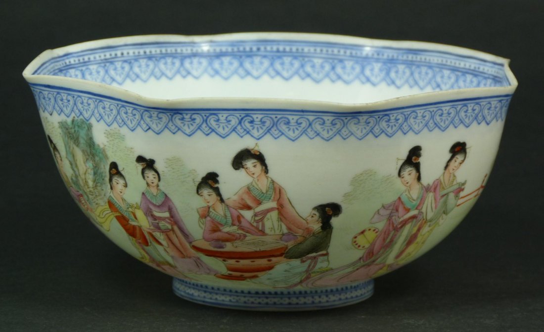 CHINESE QIANLONG EGG SHELL PORCELAIN BOWL: Antique Chinese Qing hand painted enameled egg shell porcelain bowl having panoramic landscape scene depicting maidens conversing and playing games of Go. Interior holds phoenix design with lingzhi bo