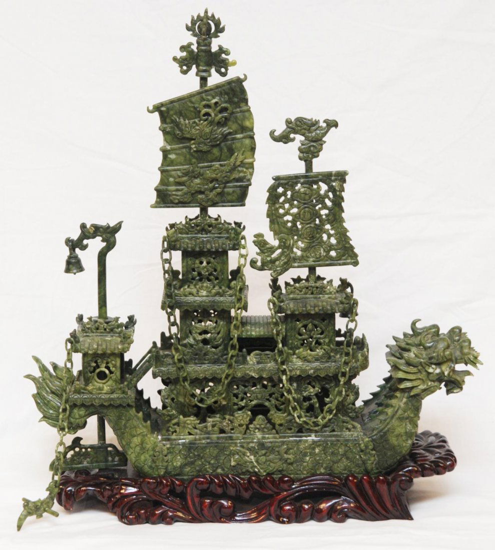 LARGE CHINESE CARVED JADE TWIN DRAGONS BOAT: Old Chinese large hand carved jade boat. Has figural double dragon design with two sails. One being fully reticulated and the other having raised design depicting dragon and phoenix bird. Etched scale