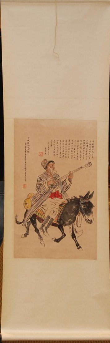 ZHOU HUANG INK ON PAPER OF MAN ON DONKEY: Huang Zhou (CHINESE, 1925-1997) ink drawing on paper scroll depicting a bearded Middle Eastern man with conical hat and riding on a donkey. Measures 31" height x 17 3/4" width (78.7cm x 45cm).