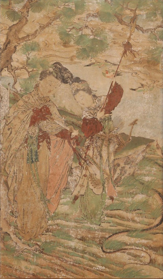 CHINESE QING DYNASTY FRESCO OF TWO MAIDENS: Antique Chinese Qing Dynasty fresco depicting two heavily armed maidens wielding swords, spears with bow & arrows. They are standing near a pine tree with birds flying above them. A serpent can be see