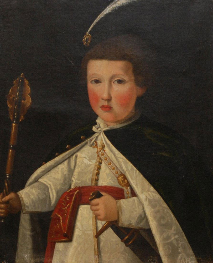 19th C DUTCH SCHOOL OIL ON CANVAS OF DIGNITARY BOY: Antique Dutch school oil painting canvas depicting a young affluent boy holding a gold mace to right hand and clutching a sheathed sword to left hand on hip. 19th century. Measures 24" height x 19 1/2