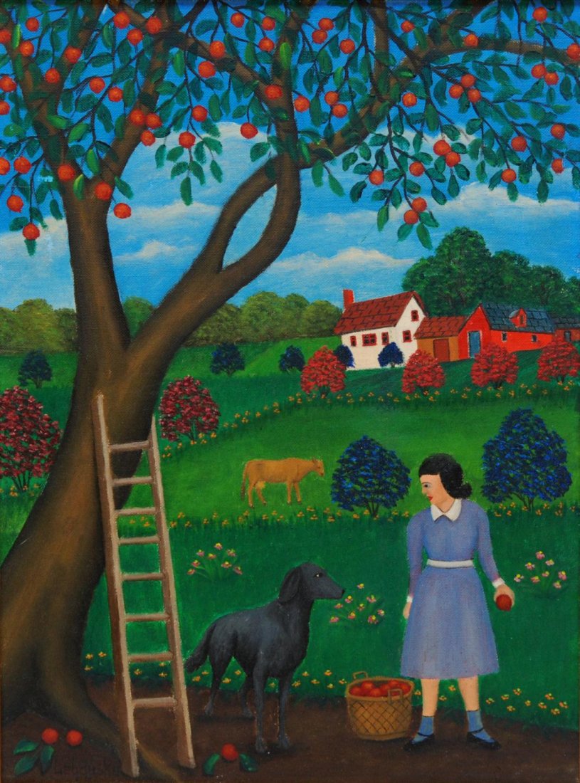 LAWRENCE A LUBDUSKA OIL ON BOARD OF OUTDOOR SCENE: Lawrence A. Lubduska (UNITED STATES/BOHEMIA, 1894-1966) oil painting on board depicting a landscape scene with a woman and dog near an apple tree with ladder propped up against it. In the background, 