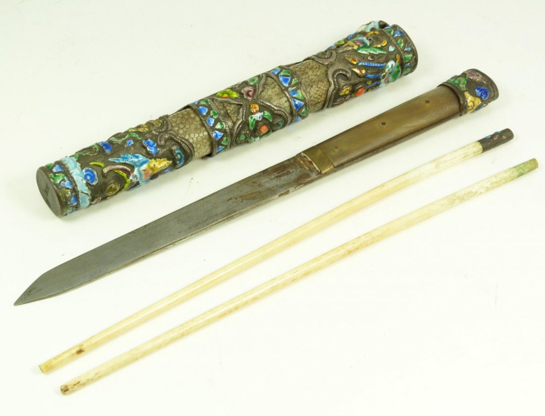 256 CHINESE ENAMELED SILVERED CHOPSTICK & KNIFE HOLDER