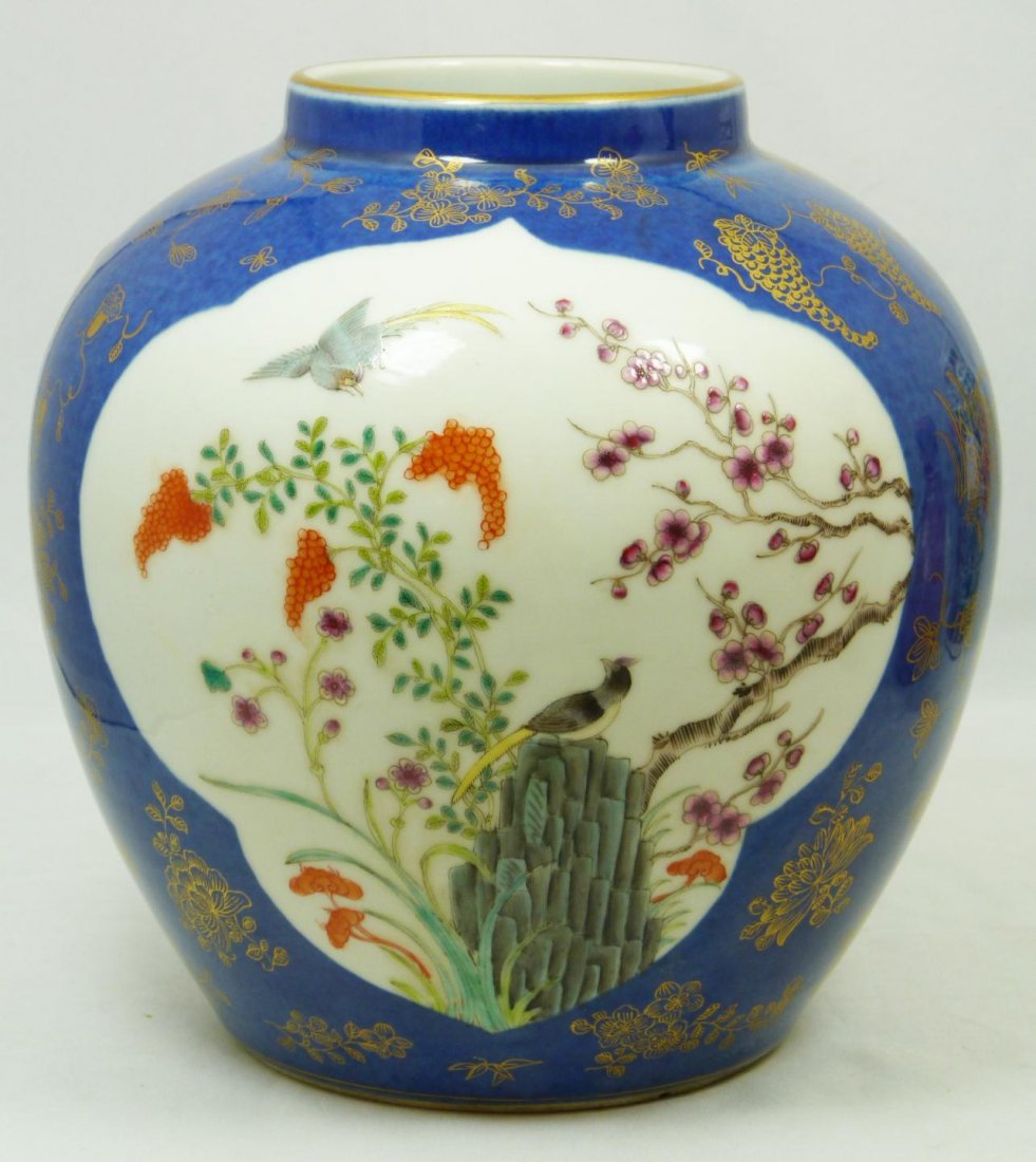 19th CENTURY CHINESE BULBOUS PORCELAIN BIRDS VASE: Antique Chinese hand painted enameled bulbous porcelain vase having scenes to front and back depicting birds with flowers, trees and rock formations. Has mottled blue border design with hand painted g