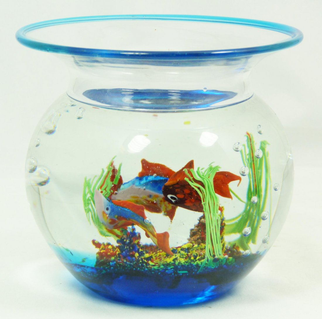 MURANO BLOWN GLASS FISH BOWL DECORATION: Murano Italian hand blown glass sculpture having a figural fish bowl design. Vividly crafted with multicolor design throughout. Holds Murano label to side. Measures 5 1/4" x 5 3/4" diameter (13.3cm x 