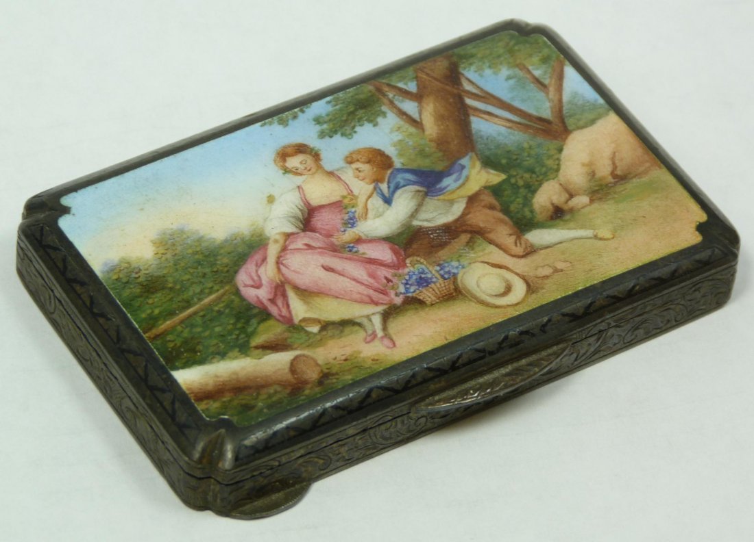 ANTIQUE AUSTRIAN STERLING ENAMELED COMPACT: Antique Austrian sterling silver compact having a chased design throughout exterior. Top has a hand painted design depicting a courting couple. Bottom has a guilloche enamel design. Interior holds fit