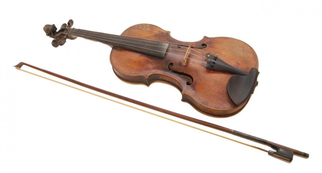 JACOBUS STAINER VIOLIN & BOW w CASE CIRCA 1660: Jacobus Stainer violin having original fitted wooden case. Includes antique bow, but it is not marked so we can not be sure of originality. Constructed of wood throughout with metal strings. Case has 