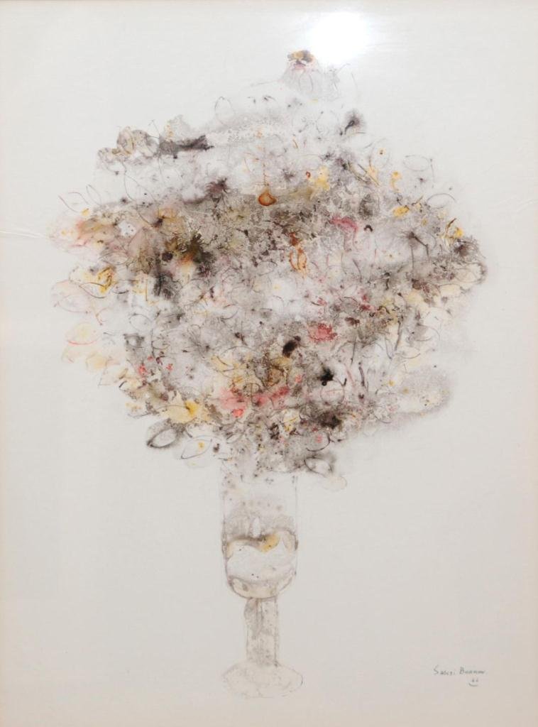 SAKTI BURMAN WATERCOLOR & INK ON PAPER: Sakti Burman (INDIAN, 1935) watercolor and ink on paper having a vase holding a bouquet of flowers and depicted in an impressionist manner. 21" height x 15 1/2" width + 4" mat & frame (53.3cm x 39.3cm