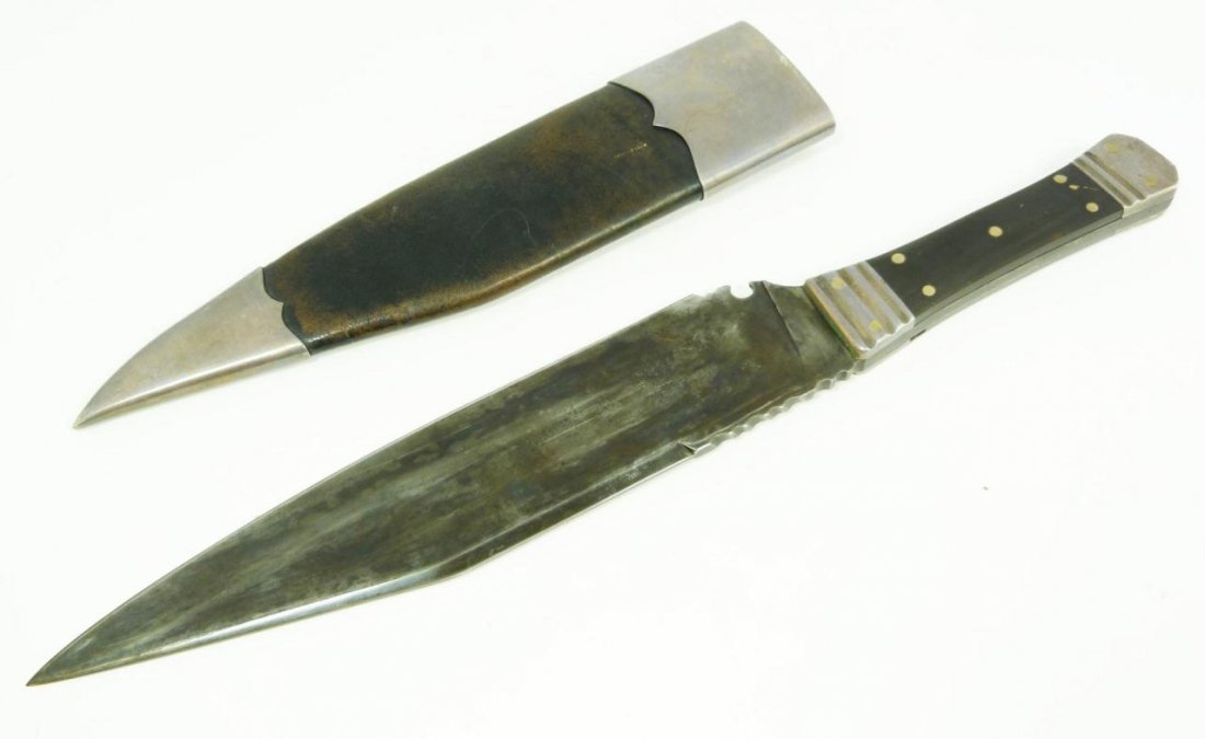 HUGH McCONNELL CUSTOM BOWIE KNIFE CIRCA 1850: An antique Hugh McConnell custom bowie knife made circa 1850. Has original fitted leather metal clad sheath. Horn handle. Knife measures 12 5/8" length (32cm). Blade measures 8 1/4" length (20.9cm). T