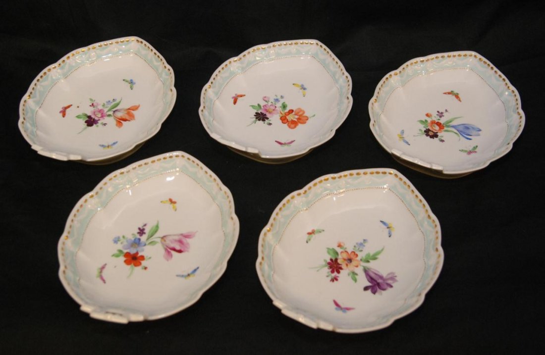 5 KPM PORCELAIN LEAF SHAPED SERVING DISHES: 5 Berlin KPM German porcelain leaf shape serving dishes. Each having a hand painted enameled floral design with butterfly and gilt bead border. Figural leaf shape with bouquet handle. Holds blue scept