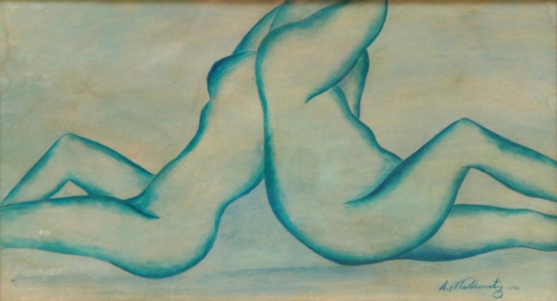 ABRAHAM WALKOWITZ WATERCOLOR ON PAPER OF NUDES: Abraham Walkowitz (AMERICAN, 1878-1965) watercolor on paper depicting two nudes. Signed A. Walkowitz to lower right and dated 1946. Measures 11" height x 18" width + 3 1/2" mat & frame (27.9cm x 45.7c