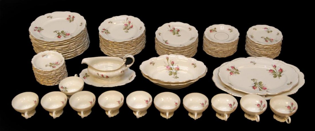 AN 88 Pc ROSENTHAL 'MOSS ROSE' PORCELAIN CHINA SET: An 88 piece Rosenthal German 'Moss Rose' porcelain dinnerware china set. Set includes a 6 piece service for 12 with serving pieces. Set includes: 12 dinner plates 10", 12 salad plates 7 3/4", 12 bread
