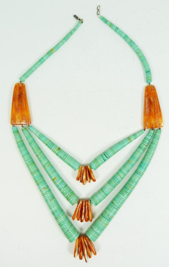 ABALONE & TURQUOISE GRADUATED FLAT BEAD NECKLACE: Approx. 14" long. Mid 20th century piece.