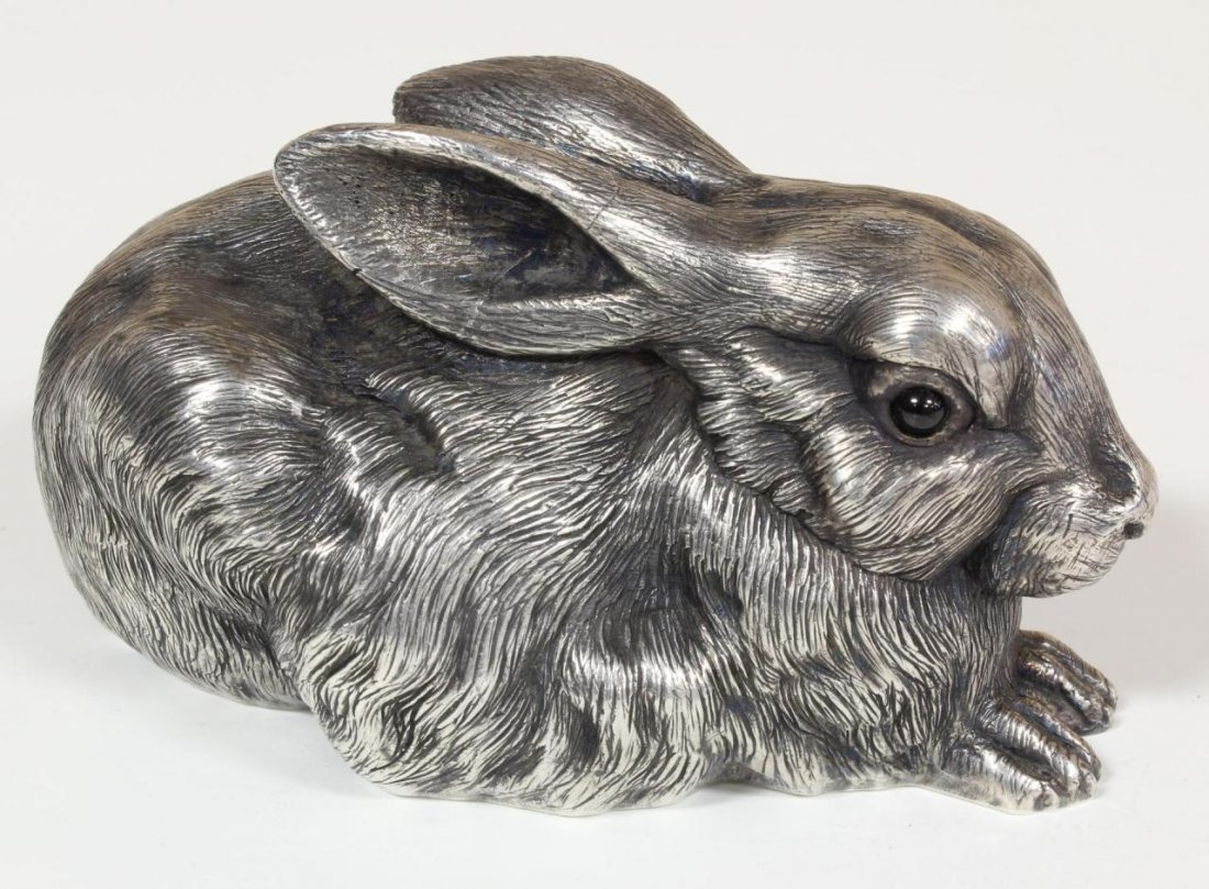 RUSSIAN SILVER RABBIT FIGURE: Russian silver rabbit figure having cabochon cut garnet jewels set to eyes. Holds town marks and 84 silver purity marks to bottom. Also holding Julius Rappoport workmaster marks to bottom. Measures 4 