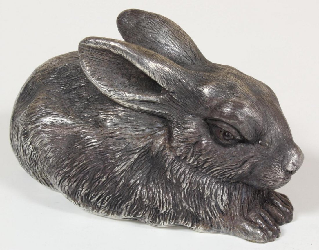 RUSSIAN SILVER RABBIT FIGURE: Russian silver rabbit figure having cabochon cut pink sapphire jewels set to eyes. Has town marks and 84 silver purity marks to bottom. Also hold Julius Rappoport workmaster marks to bottom. Measures 