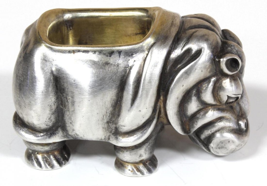 RUSSIAN SILVER FIGURAL HIPPO SALT CELLAR: Russian silver standing figural hippopotamus salt cellar having cabochon cut ruby jewels set to eyes and gold wash to bowl. Gold wash interior. Holds town marks and 84 silver purity marks to bowl inte