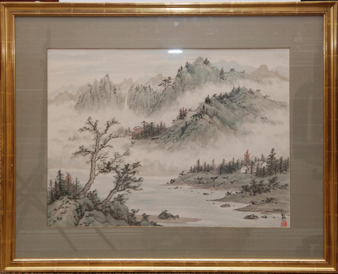 YIN-TSO HSIUNG PRINT OF MOUNTAIN VILLAGE SCENE: After the original piece titled "Reflection of Mountain and Water" by notable poet Yin-Tso Hsiung. Image measures approx. 24" wide by 18" high. Framed piece.
