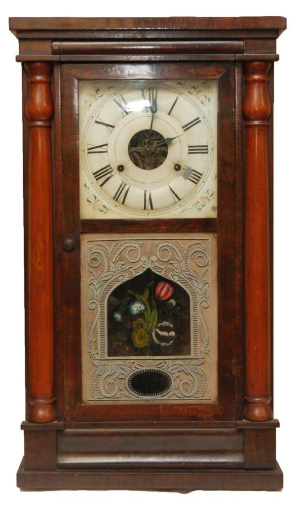 SETH THOMAS DOUBLE WEIGHT WALL CLOCK: A Seth Thomas double weight wall clock having reverse painted glass screen design. White enamel face with black Roman numerals and floral design to corners. Black hour and minute hands. Columnar desig