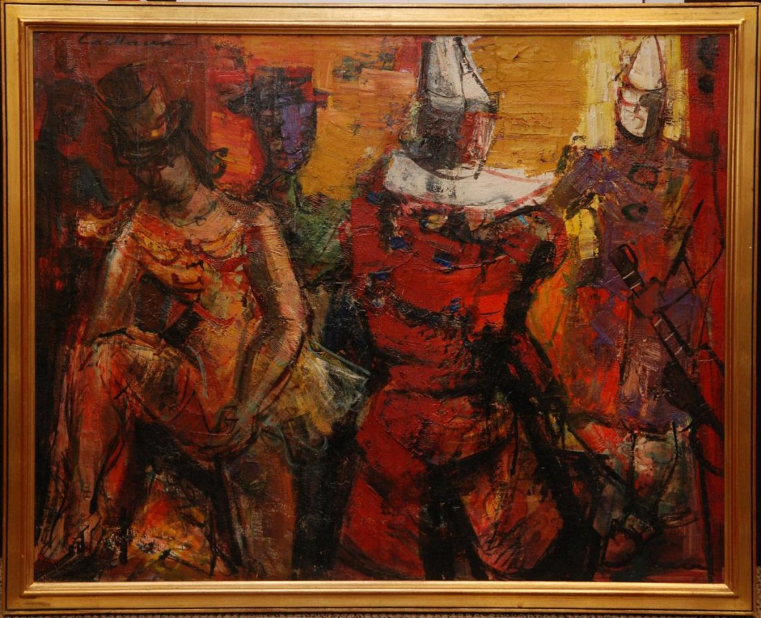 RUDOLPHE CAILLAUX OIL ON CANVAS OF CIRCUS SCENE: Rodolphe Caillaux (FRENCH, 1904-1990) oil painting on canvas depicting a circus scene with ring master, musicians and pierrots. Signed to verso and titled 'Scenes de Cirque'. Mounted in gilded frame. 