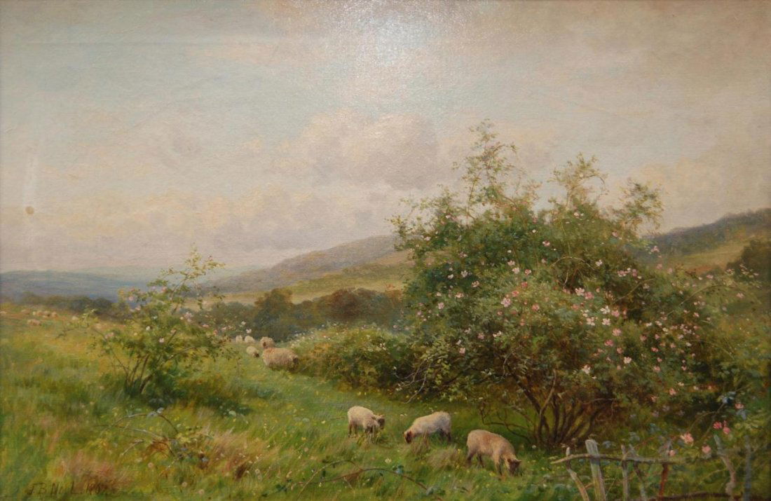 JOHN BATES NOEL OIL CANVAS OF SHEEP GRAZING: John Bates Noel (BRITISH) oil painting on canvas depicting a landscape scene with sheep grazing. Signed lower left and dated 1907. Titled 'A June Morning'. Holds an E. Whitehouse & Son mark to verso.