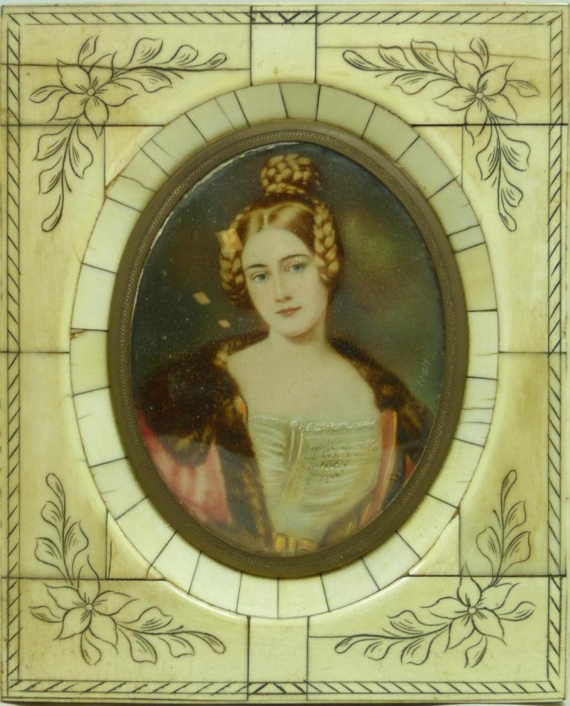 ADELAIDE VICTORINE HALL MINIATURE IVORY PORTRAIT: Adélaïde Victorine Hall (SWEDEN, 1752-1840) hand painted miniature portriat on ivory depicting an aristocratic young woman. Signed 'Hall' to right hand side. Domed glass screen with bronze bezel. Se