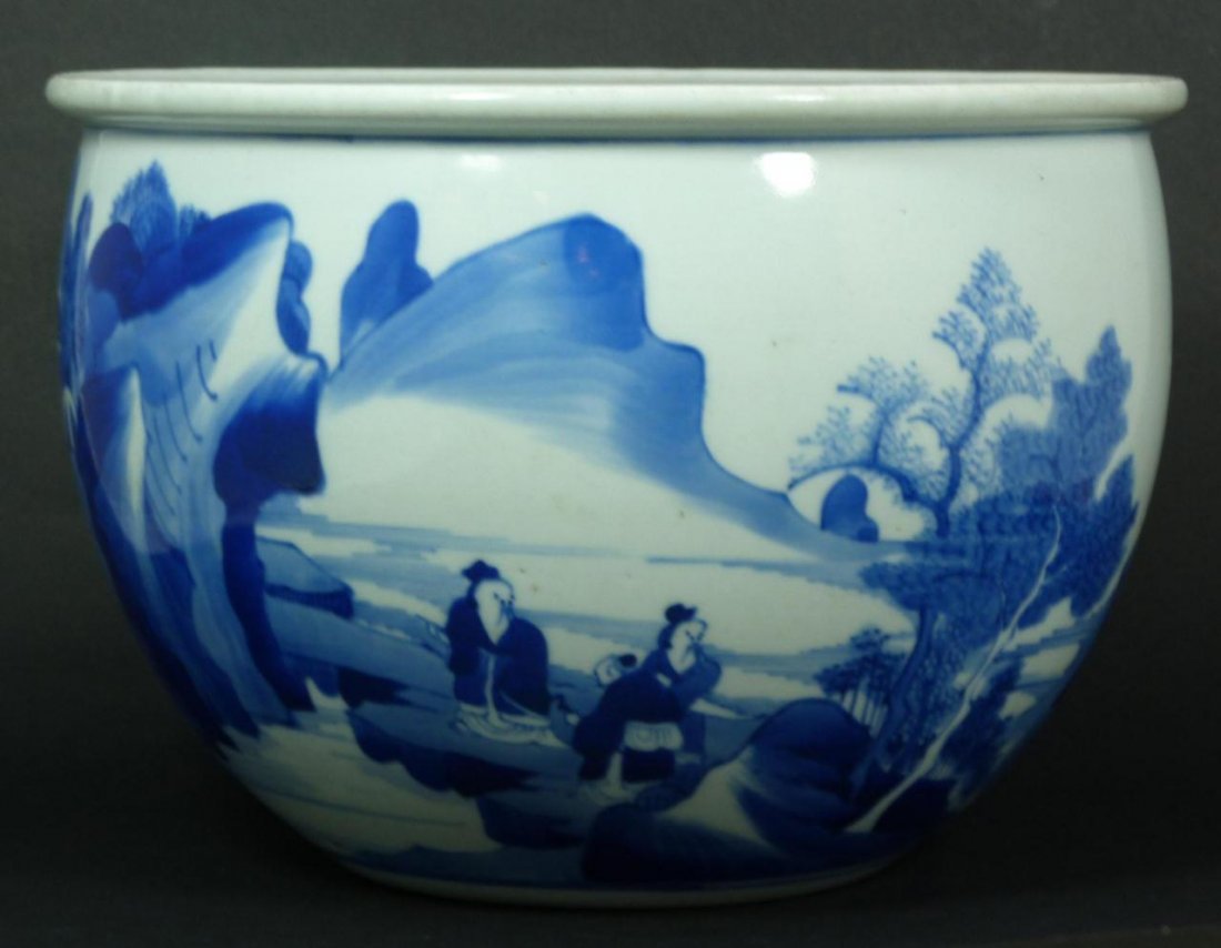 18th CCENTURY CHINESE BLUE & WHITE FISH BOWL: An antique Chinese blue and white hand painted fish bowl having a landscape scene with wise men. Made mid Qind dynasty period. Measures 6 5/8" height x 9 3/8" diameter (16.8cm x 23.8cm). Total weight 
