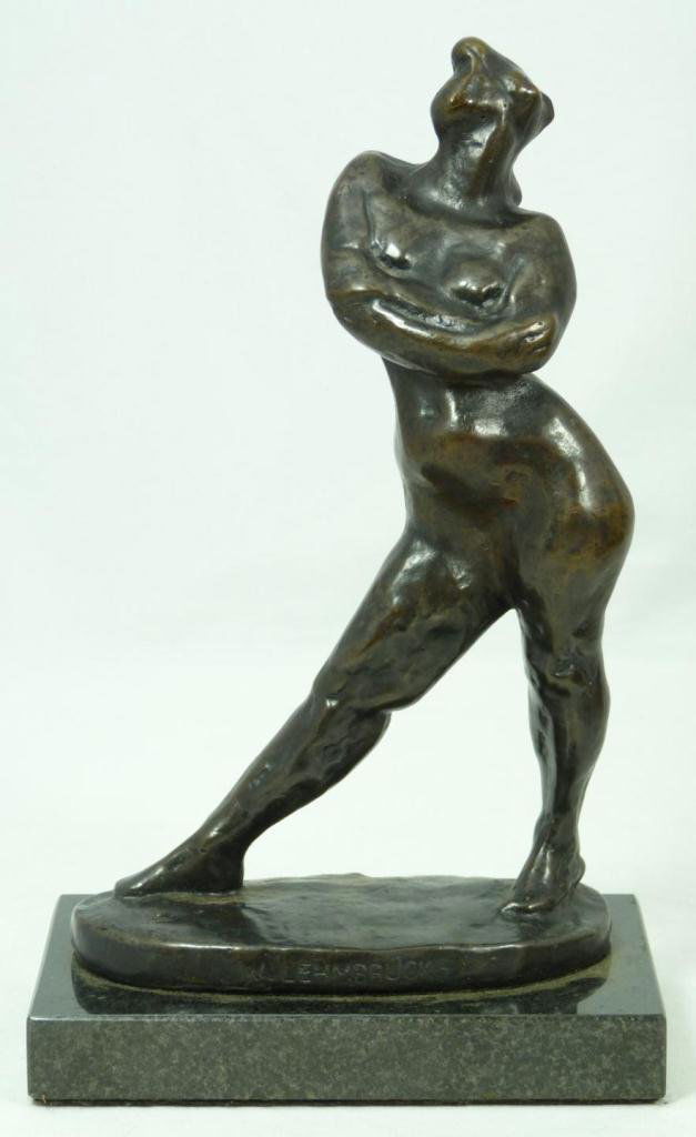 BRONZE SCULPTURE OF NUDE AFTER WILHELM LEHMBRUCK: A bronze sculpture depicting a nude figure after Wilhelm Lehmbruck (GERMAN, 1881-1919). Signed 'W. LEHMBRUCK' to side of bronze base. Mounted on green marble base. Measures 8" height + 7/8" base heigh