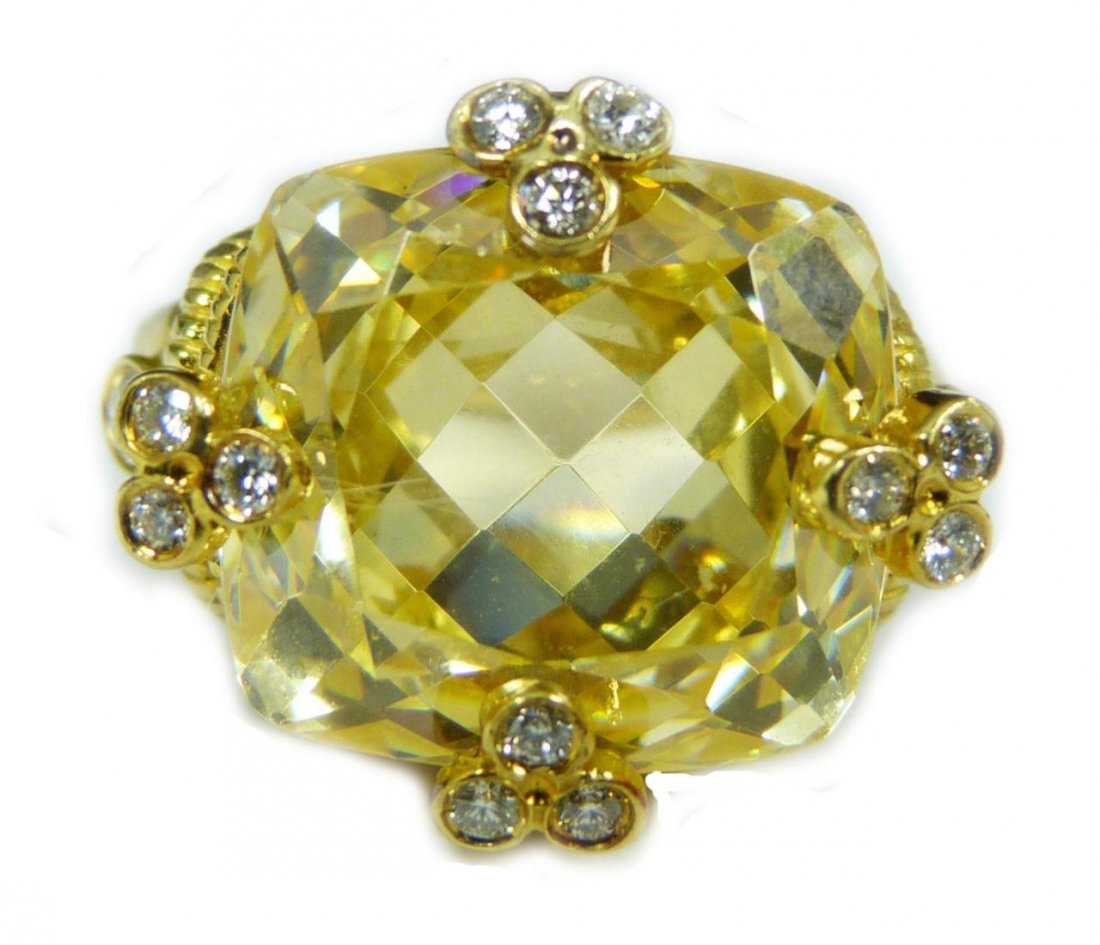 18K YG JUDITH RIPKA 10CT CITRINE & DIAMOND RING: Beautiful ladies 18k yellow gold Judith Ripka ring holding a radiant cut center citrine approx. 10ct. Embellished with 14 round cut diamonds approx. 0.34ctw. Ring size 6. Marked 18K and Judith Ripka t