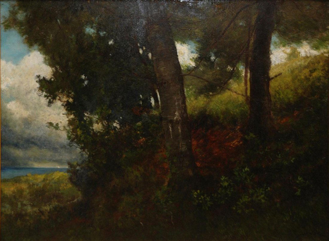 ROBERT MINOR SR. LANDSCAPE OIL PAINTING ON PANEL: Robert Crannell Minor Senior (AMERICA, 1839 - 1904) oil painting on panel depicting a landscape scene. Signed to lower right. Mounted in original gilded wooden frame. Measures 18" height x 24" width +