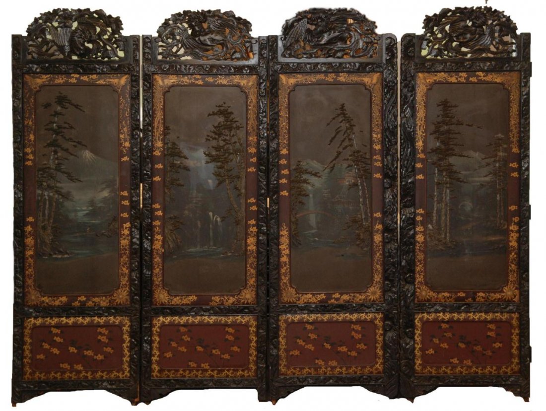 A CHINESE 4 PANEL HAND PAINTED SCREEN: A large Chinese reticulated four panel hand painted and high relief carved screen depicting a forest scene. 19th/20th century. Measures 76" height x 100" width (193cm x 254cm). Each panel measures 25"
