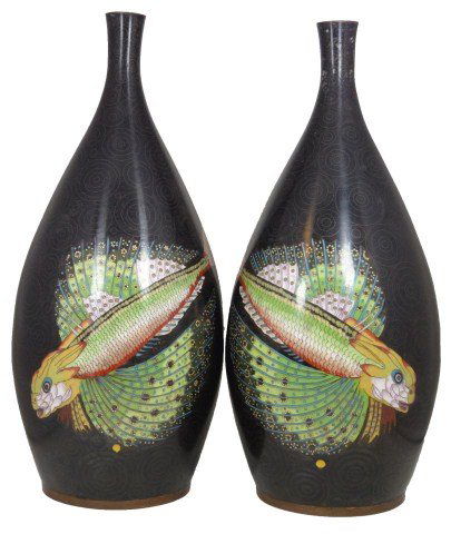 Pr ANTIQUE CHINESE BRONZE CLOISONNE FISH VASES: Pair of large Chinese bronze and enamel cloisonne vases. Each has vivid enameled design depicting fish with lush colorful fins over black background. 19th century. Each vase measures approx. 20" heigh