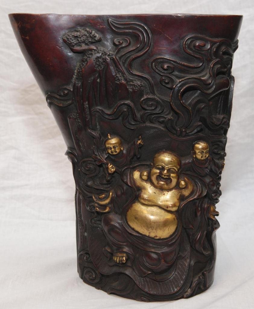CHINESE MING DYNASTY BRONZE GILT BRUSH POT: Breathtaking Chinese Ming Dynasty Xuande bronze scholar's desk brush pot vase having Buddha mountain design with gold gilding. Depicts a seated happy Buddha with two attendants to front, each having f