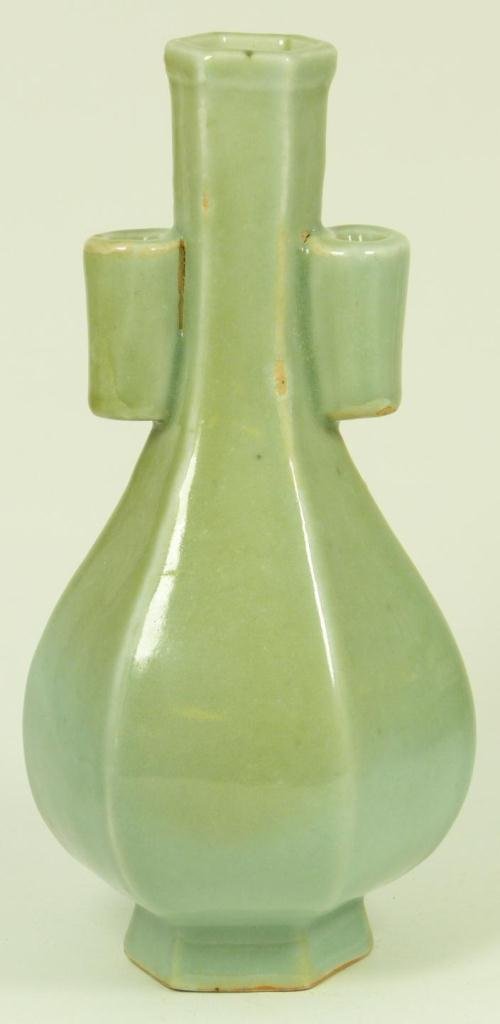14th C CHINESE CELADON PORCELAIN VASE: Antique Chinese Early Ming Dynasty period celadon porcelain hu form hexagonal vase. 14th century. Measures 8 1/8" height x 4 1/4" diameter (20.6cm x 10.7cm). Total weight of 582 grams.