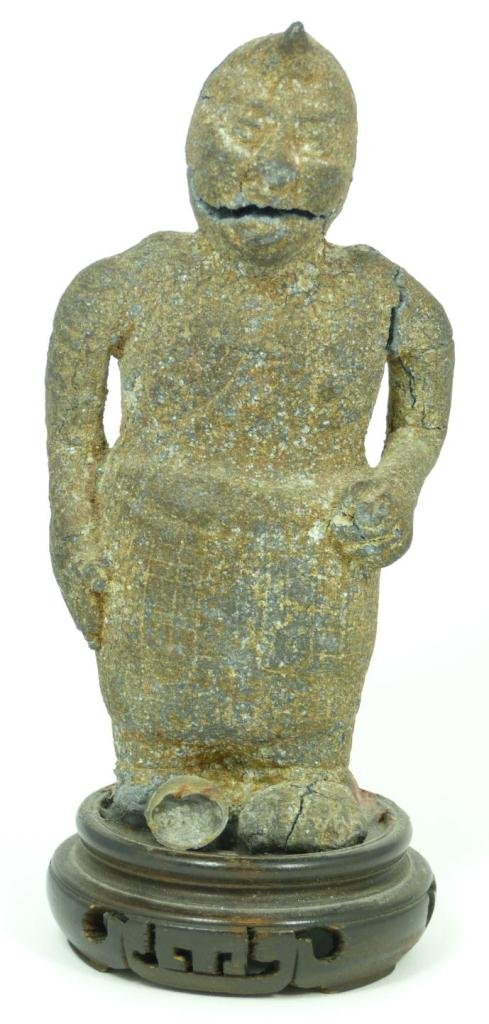 A CHINESE HAN DYNASTY WARRIOR FIGURE DIAN CULTURE: A Chinese Han Dynasty Dian Culture stone warrior figure. Measures 6" height + 7/8" base height (15.2cm + 2.2cm). Total weight of 493 grams.