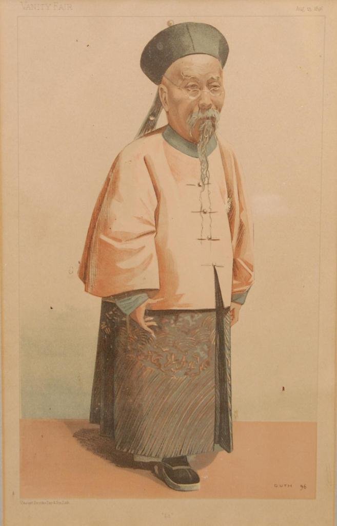 VANITY FAIR AUG 13th 1896 LITHOGRAPH CHINESE MAN: A Vanity Fair August 13th, 1896 lithograph depicting a standing Chinese man in traditional garb. Printed by Vincent Brooks Day & Son, Lithographers. Original work by the the artist Guth, 1896. Titled 