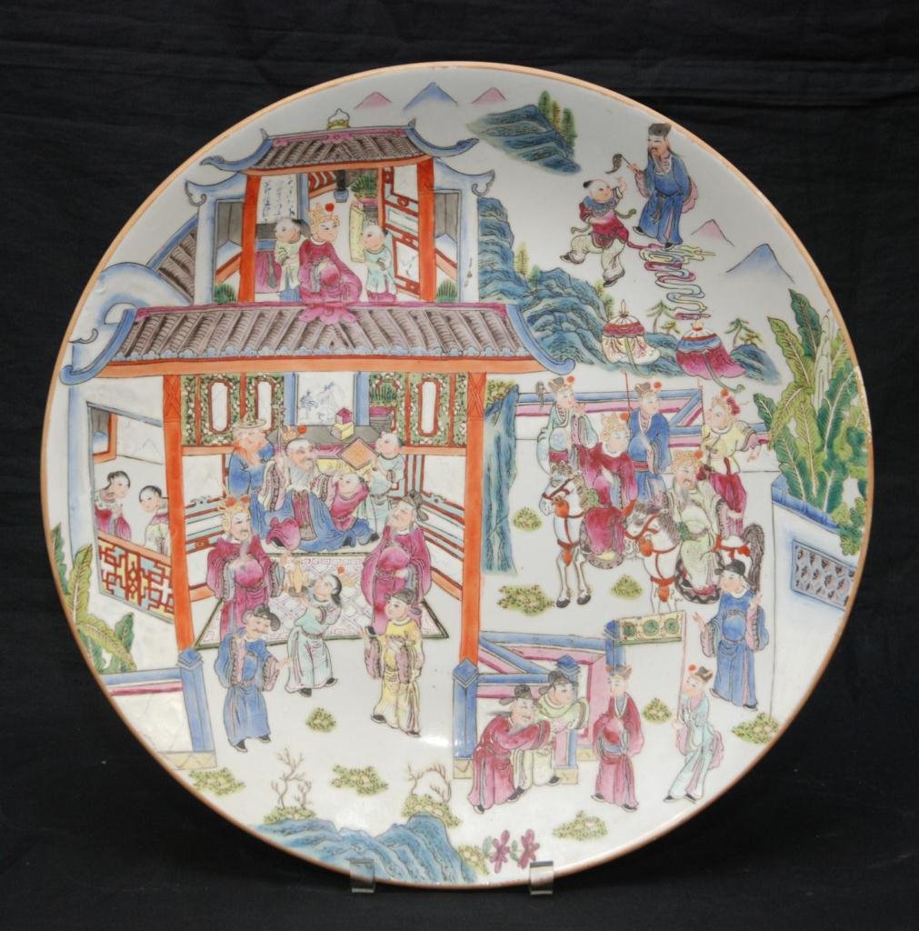 HUGE HAND PAINTED CHINESE PORCELAIN CHARGER: Depicts the emperor with his family. Orange bats to reverse with red chalk mark under glaze.19th Century. Measures 43cm diameter.