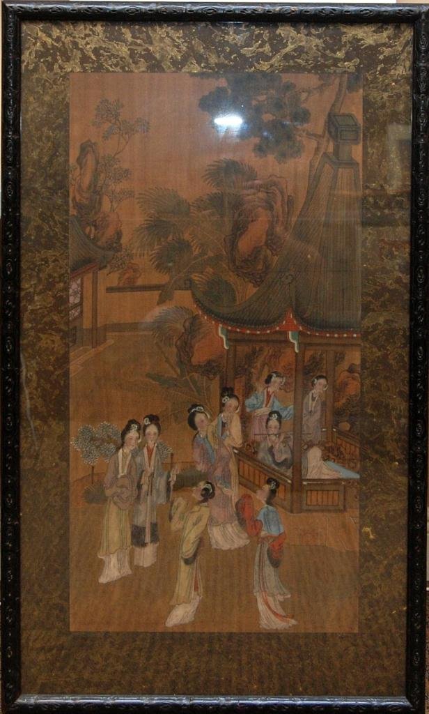 18th C QIANLONG 'COURT LADY' SCROLL PAINTING: Antique Chinese Qing Dynasty oil scroll painting depicting a courtyard scene with numerous maidens. Circa Qianlong period (1736-1795). Set in wooden frame behind glass screen. Measures 37" height x 21