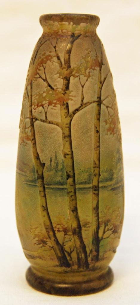 DAUM NANCY FRENCH CAMEO ART GLASS VASE: Daum Nancy France cameo art glass vase depicting a forest scene over green ground. Signed in black Daum Nancy to bottom with conjoined AR mark. Measures 4 1/2" height (11.4cm). Total weight of 127 gra