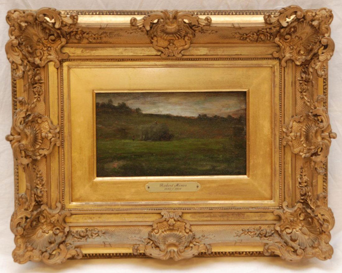 ROBERT MINOR OIL PAINTING ON BOARD: Robert Crannell Minor (AMERICAN, 1840-1904) oil painting on board depicting a lanscape scene with farmers bundling hay. Signed 'Minor' to lower right. Titled to original label on verso 'Connecticut Ha