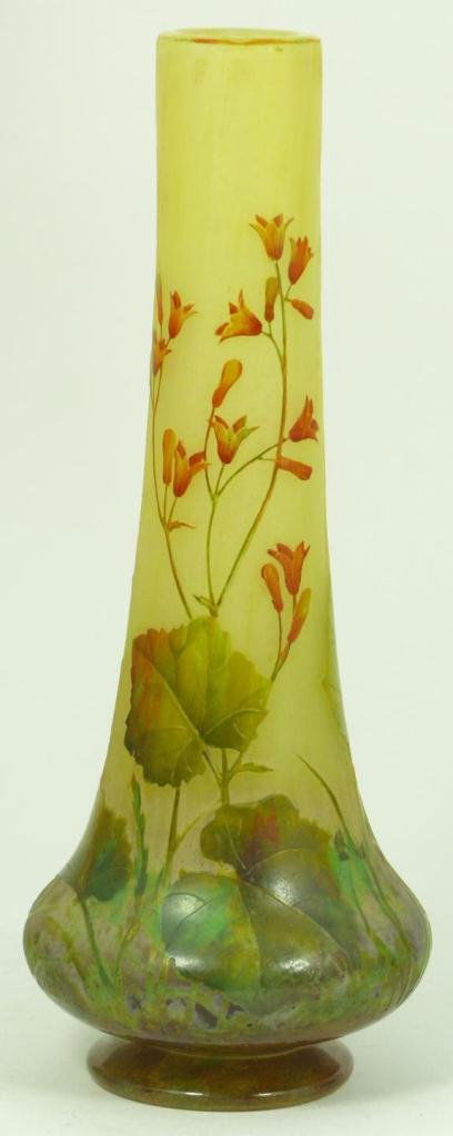DAUM NANCY CAMEO ART GLASS VASE: Daum Nancy cameo glass vase depicting red flowers and green leaves over a yellow ground. Signed to center of neck. Measures 8 5/8" height (21.9cm). Total weight of 481 grams.