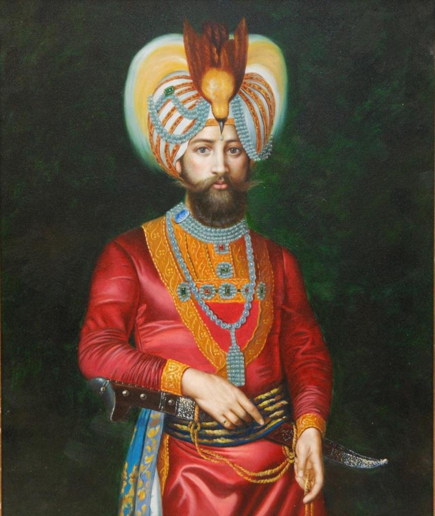 GICLEE ON CANVAS OF MUGHAL PRINCE: Giclee on canvas depicting a Mughal prince. Mounted in wooden frame. Measures 23 1/4" height x 19 1/4" width + 3 1/2" frame (59cm x 48.8cm + 8.9cm).