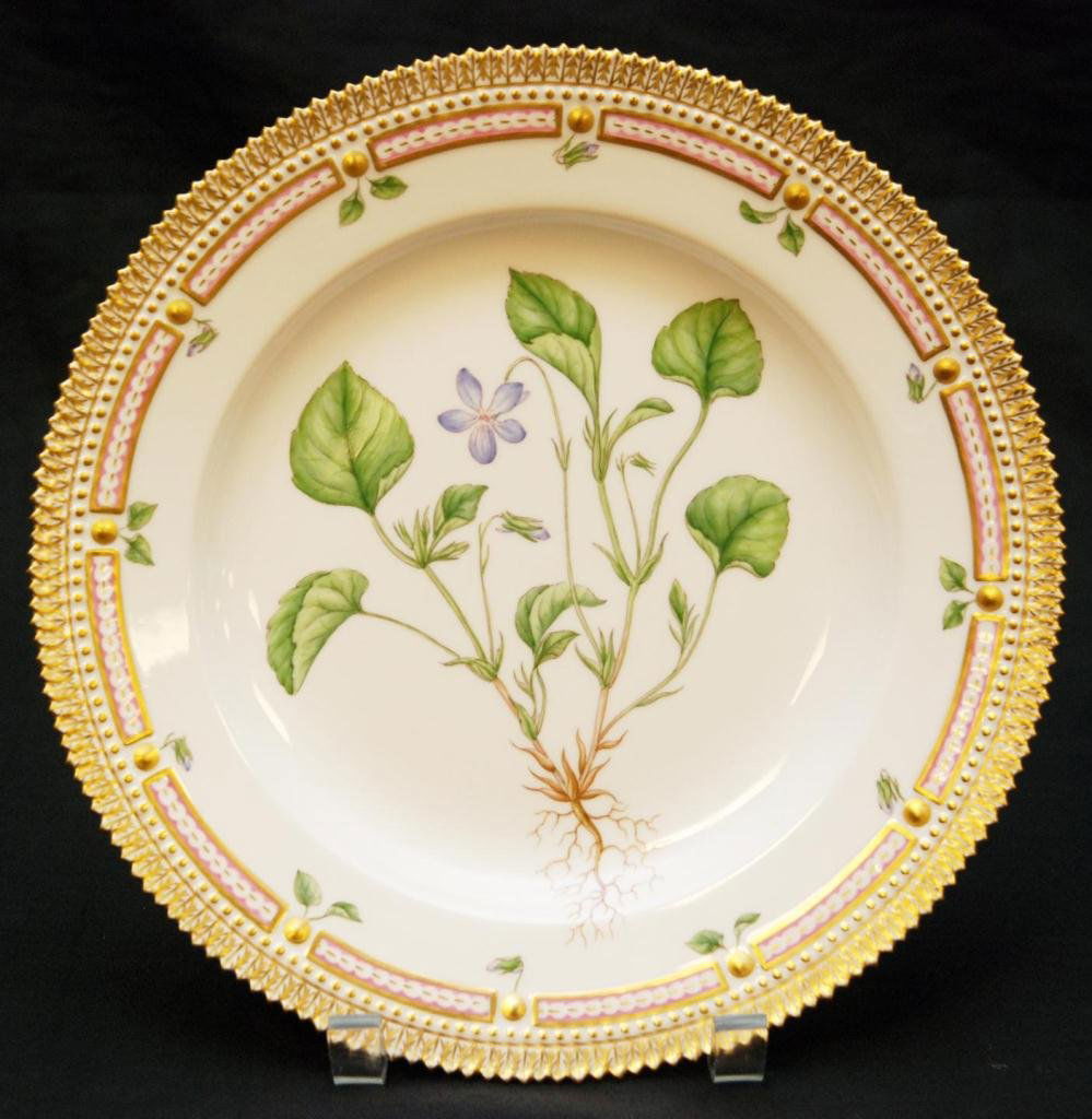 ROYAL COPENHAGEN FLORA DANICA PORCELAIN PLATE: Royal Copenhagen Danish porcelain hand painted enameled Flora Danica plate depicting a 'Viola silvatica Fr.' flower. Marked 20 3549 cax. Measures 10 1/8" diameter (25.7cm). Total weight of 691 grams.