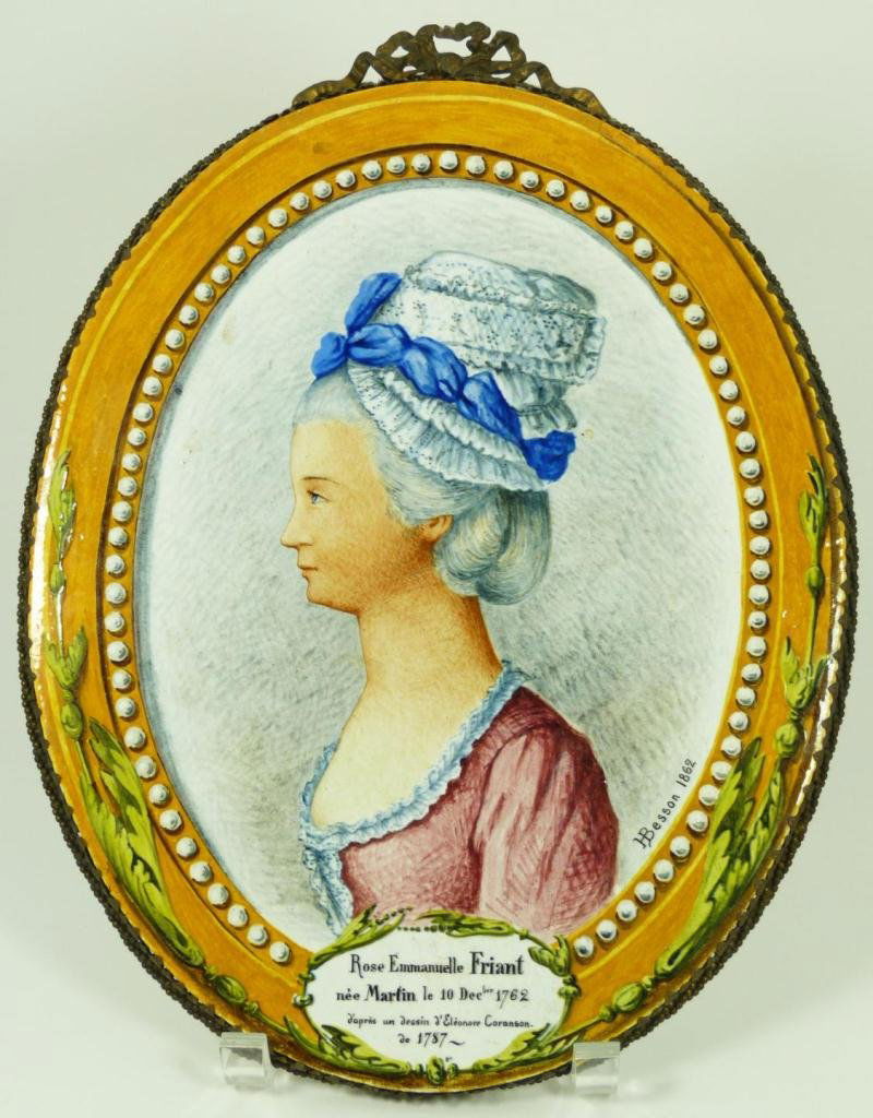 ANTIQUE FRENCH PORCELAIN PLAQUE OF ROSE FRIANT: Antique French porcelain hand painted enameled portrait plaque depicting Rose Emmanuelle Friant. Signed H. Besson and dated 1862. Mounted in bronze floral and beaded frame. Hand written dedication wri