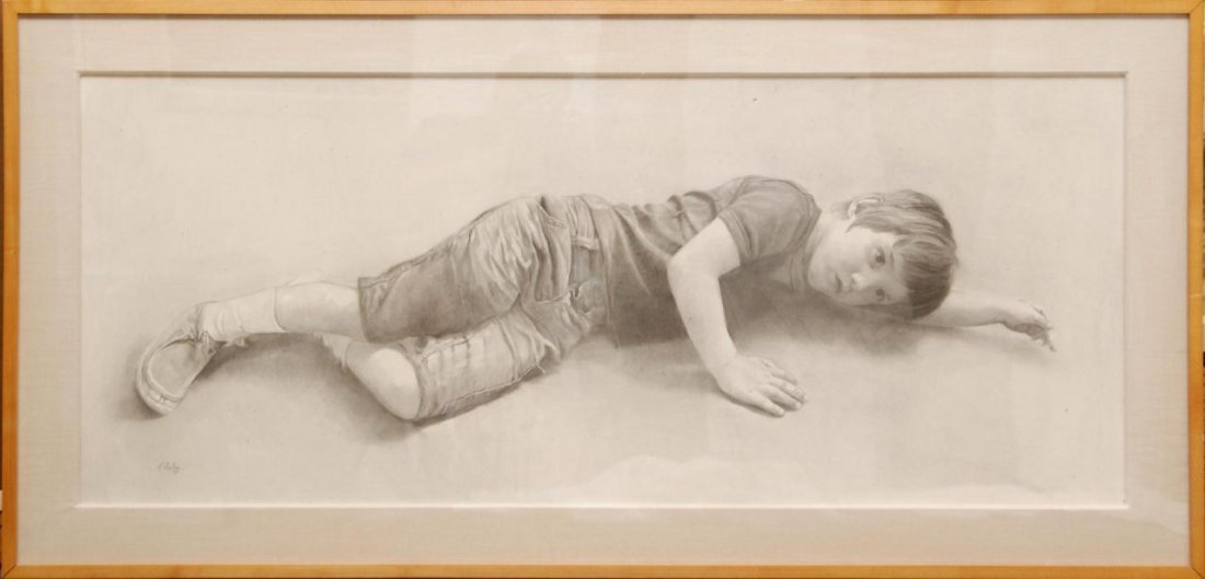 DANIEL QUINTERO CHARCOAL ON PAPER OF BOY: Daniel Quintero (SPANISH, 1949) charcoal on paper paper depicting a young boy laying down. Signed and dated 1979. Measures 19" height x 46 1/2" (48.2cm x 118.1cm). Provenance: From a prominent Coral G